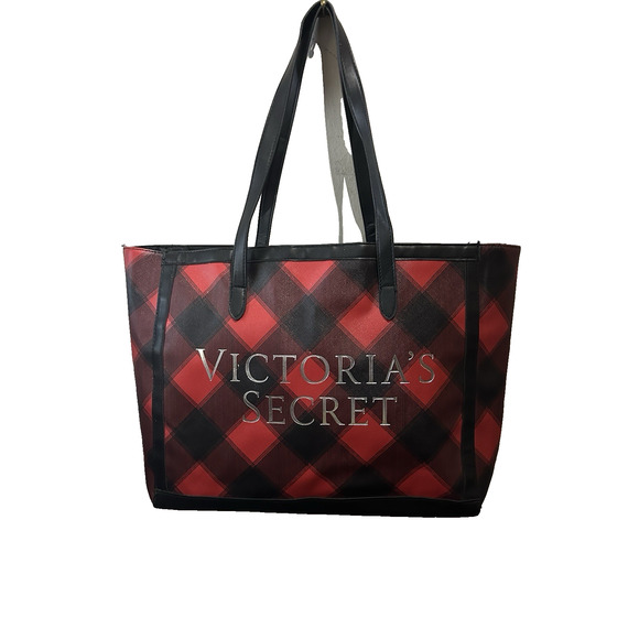 Women’s Victoria’s Secret Red And Black Tartan Buffalo Plaid Open Tote Bag - Picture 2 of 7